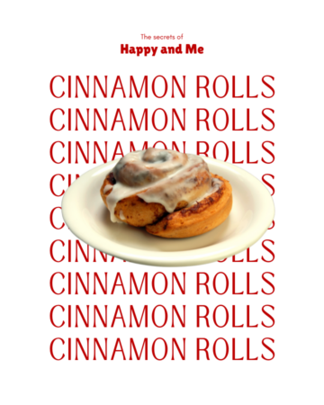 a cinnamon roll on a plate with a background text in red saying cinnamon rolls multiple time