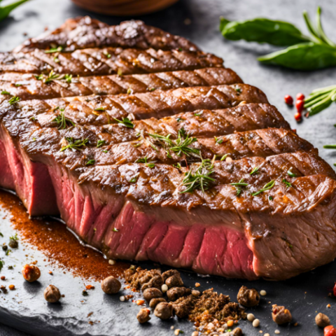 Steak on a plate with Montreal steak seasoning around it